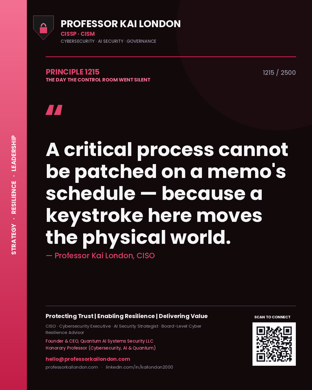 Quote card by Professor Kai London reading 'A critical process cannot be patched on a memo's schedule — because a keystroke here moves the physical world.'. From the book The Day the Control Room Went Silent.