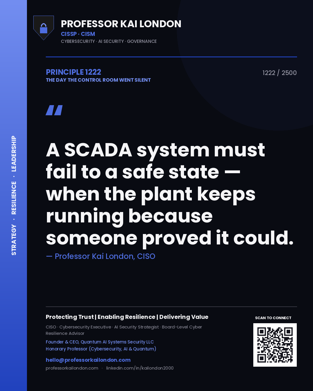 Quote card by Professor Kai London reading 'A SCADA system must fail to a safe state — when the plant keeps running because someone proved it could.'. From the book The Day the Control Room Went Silent.