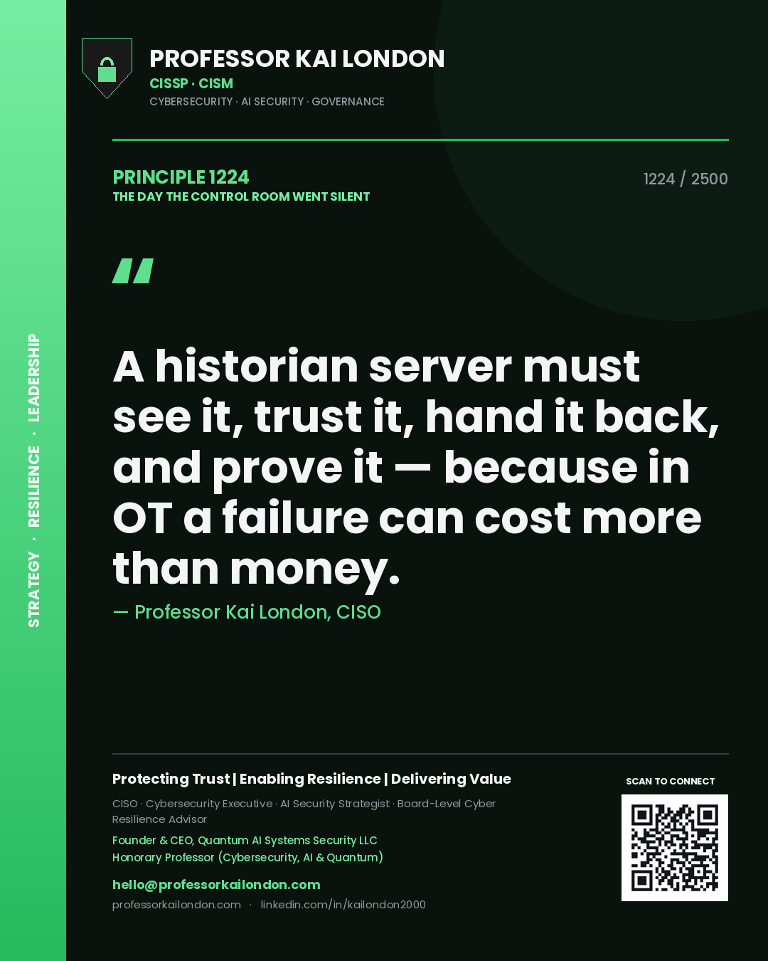 Quote card by Professor Kai London reading 'A historian server must see it, trust it, hand it back, and prove it — because in OT a failure can cost more than money.'. From the book The Day the Control Room Went Silent.