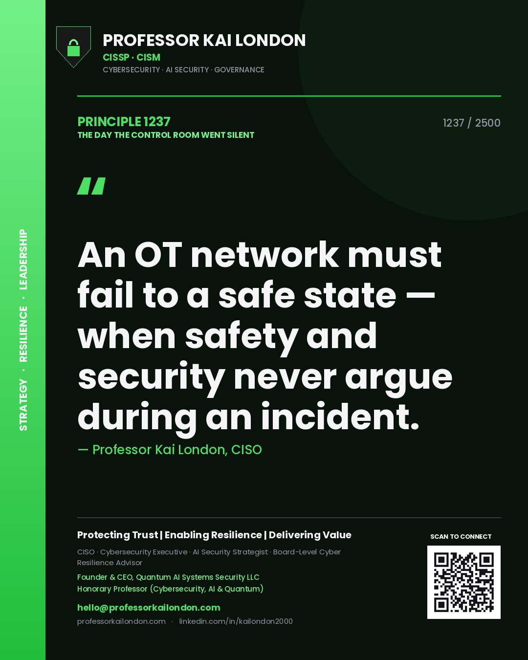 Quote card by Professor Kai London reading 'An OT network must fail to a safe state — when safety and security never argue during an incident.'. From the book The Day the Control Room Went Silent.