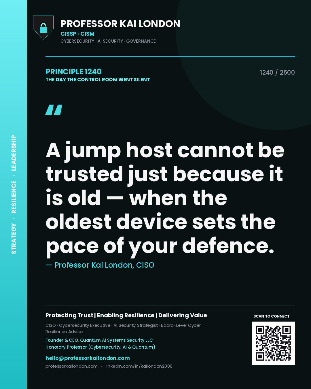 Quote card by Professor Kai London reading 'A jump host cannot be trusted just because it is old — when the oldest device sets the pace of your defence.'. From the book The Day the Control Room Went Silent.