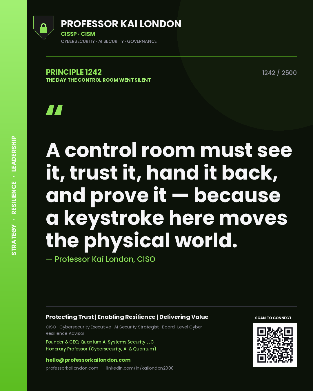 Quote card by Professor Kai London reading 'A control room must see it, trust it, hand it back, and prove it — because a keystroke here moves the physical world.'. From the book The Day the Control Room Went Silent.