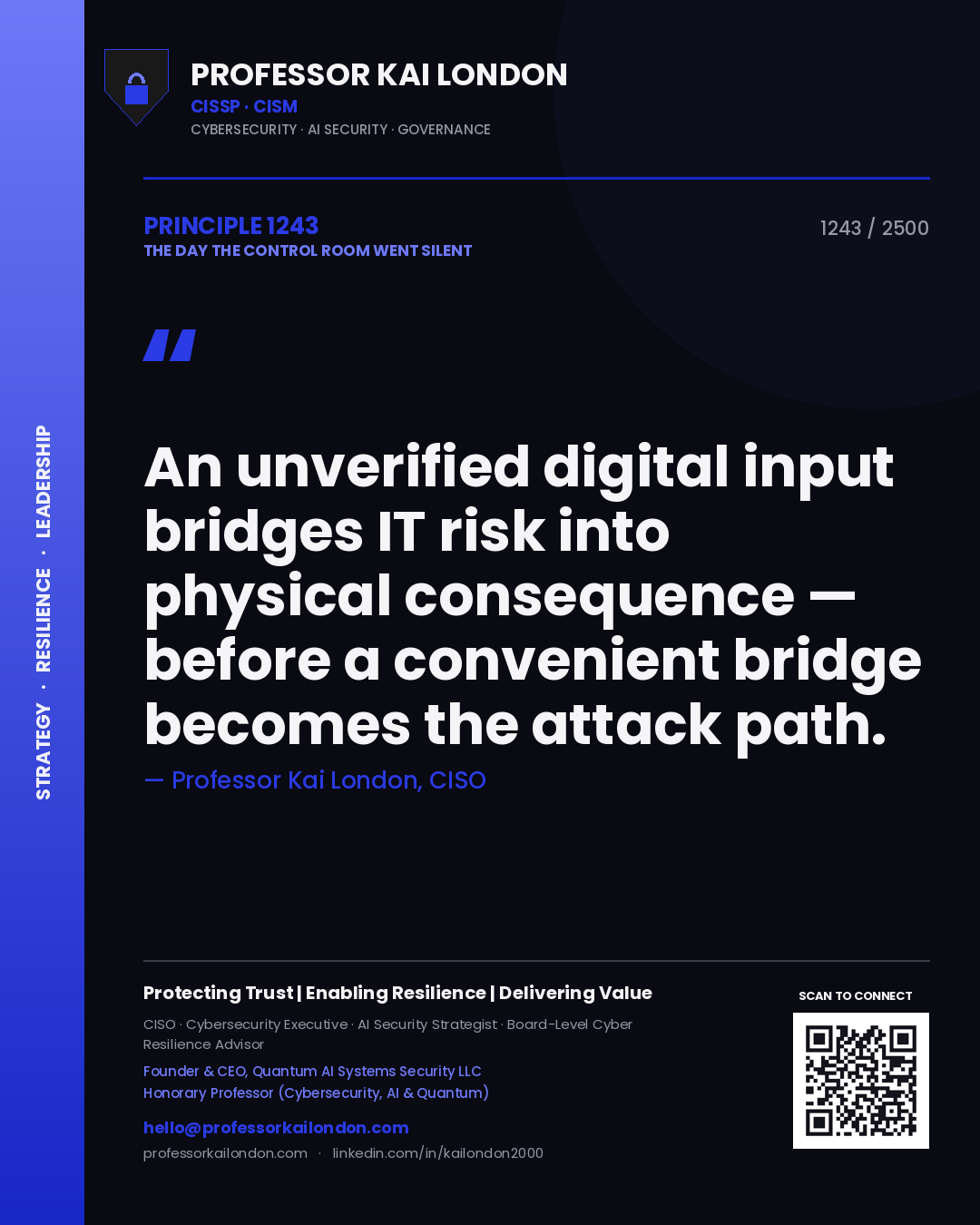 Quote card by Professor Kai London reading 'An unverified digital input bridges IT risk into physical consequence — before a convenient bridge becomes the attack path.'. From the book The Day the Control Room Went Silent.