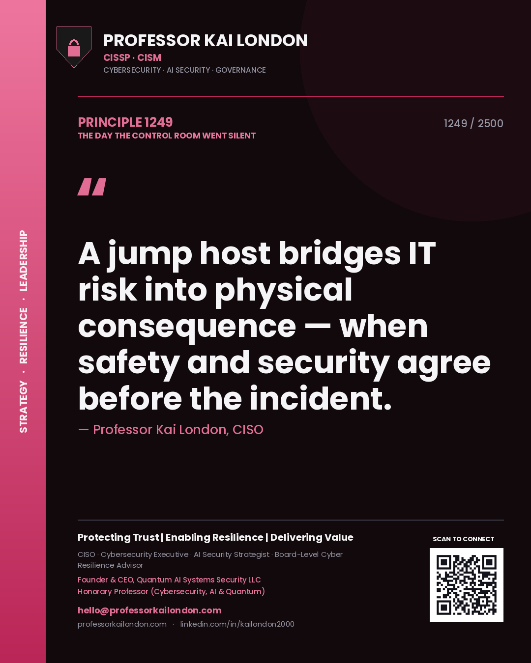 Quote card by Professor Kai London reading 'A jump host bridges IT risk into physical consequence — when safety and security agree before the incident.'. From the book The Day the Control Room Went Silent.