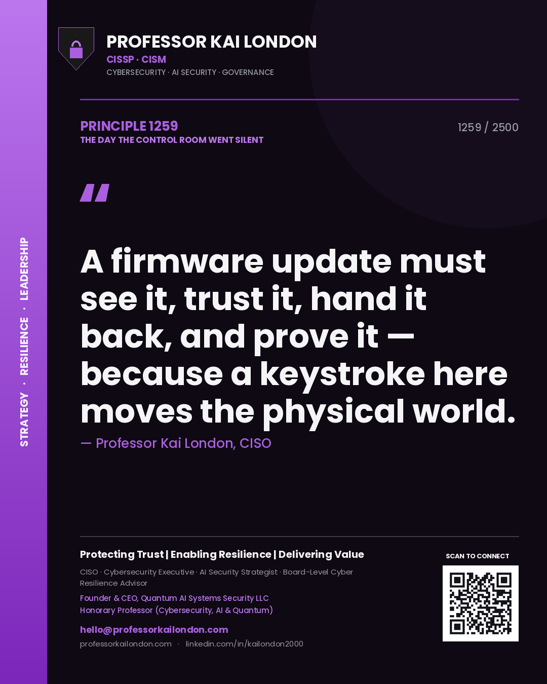 Quote card by Professor Kai London reading 'A firmware update must see it, trust it, hand it back, and prove it — because a keystroke here moves the physical world.'. From the book The Day the Control Room Went Silent.