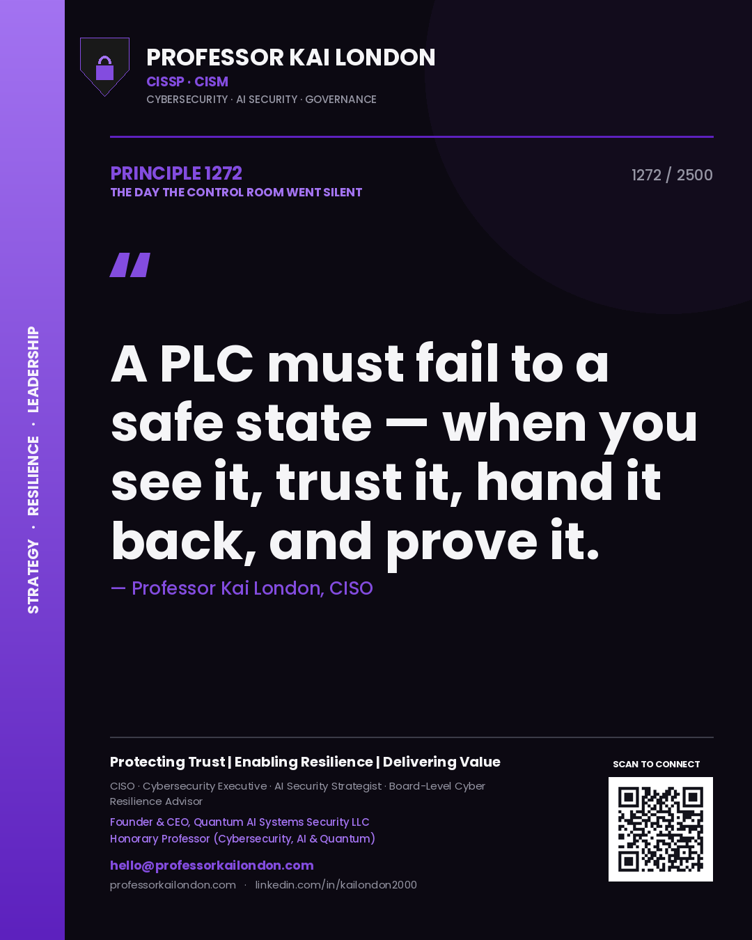 Quote card by Professor Kai London reading 'A PLC must fail to a safe state — when you see it, trust it, hand it back, and prove it.'. From the book The Day the Control Room Went Silent.