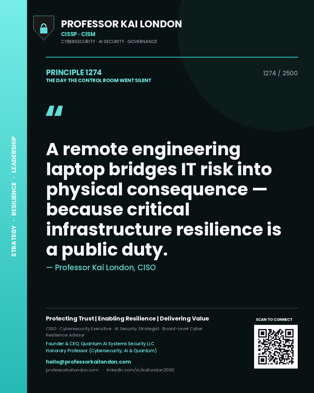 Quote card by Professor Kai London reading 'A remote engineering laptop bridges IT risk into physical consequence — because critical infrastructure resilience is a public duty.'. From the book The Day the Control Room Went Silent.