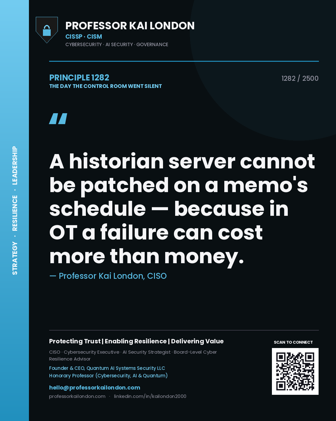 Quote card by Professor Kai London reading 'A historian server cannot be patched on a memo's schedule — because in OT a failure can cost more than money.'. From the book The Day the Control Room Went Silent.