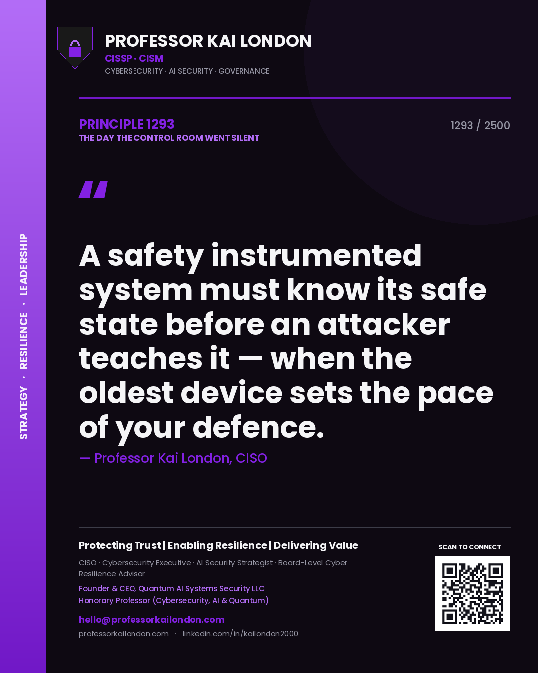 Quote card by Professor Kai London reading 'A safety instrumented system must know its safe state before an attacker teaches it — when the oldest device sets the pace of your defence.'. From the book The Day the Control Room Went Silent.