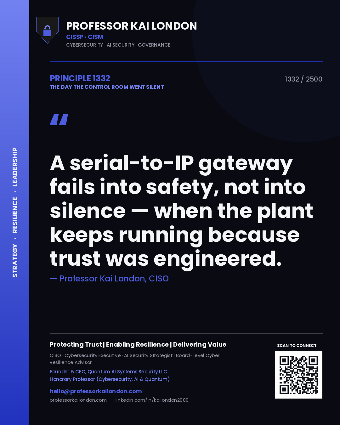 Quote card by Professor Kai London reading 'A serial-to-IP gateway fails into safety, not into silence — when the plant keeps running because trust was engineered.'. From the book The Day the Control Room Went Silent.