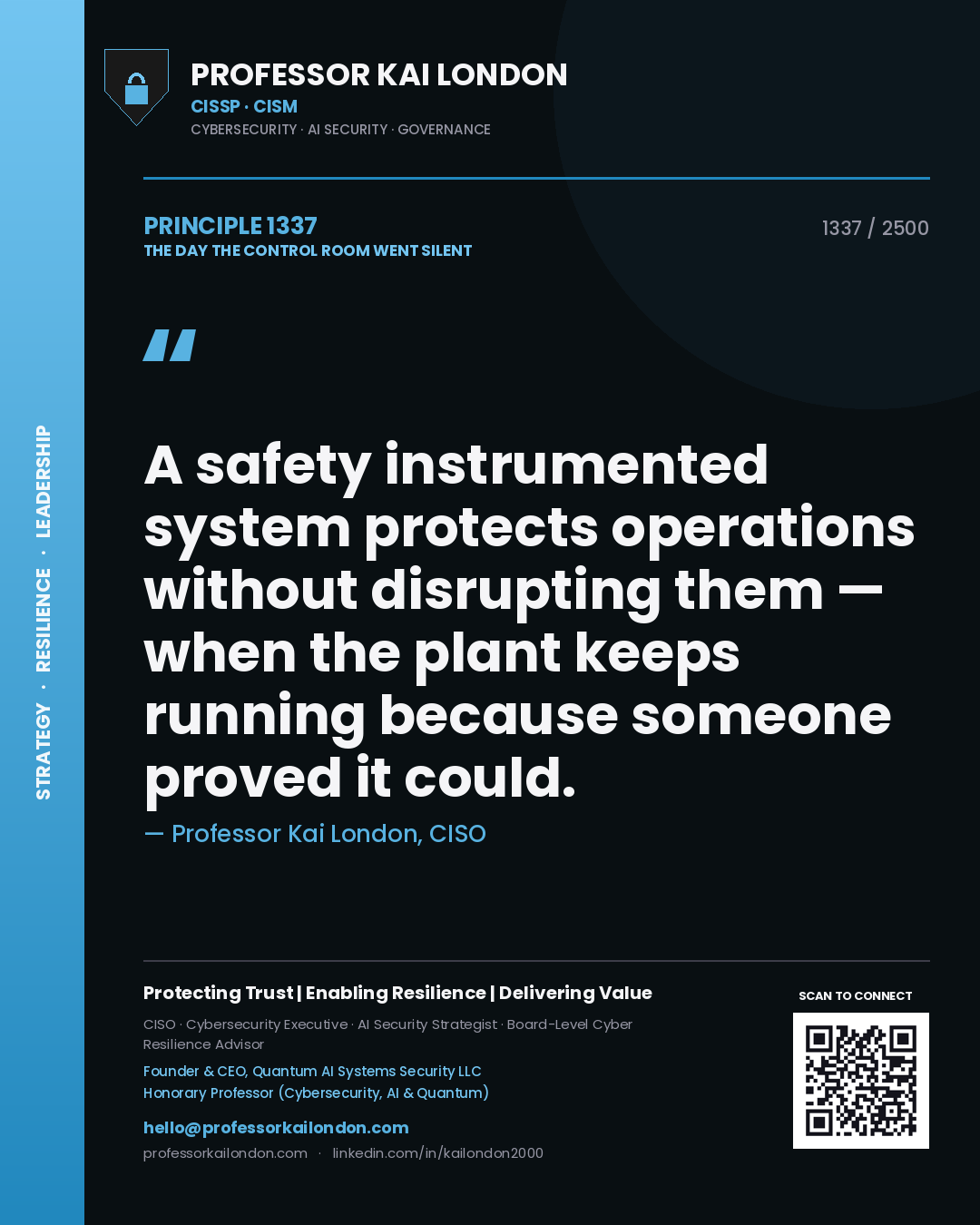 Quote card by Professor Kai London reading 'A safety instrumented system protects operations without disrupting them — when the plant keeps running because someone proved it could.'. From the book The Day the Control Room Went Silent.