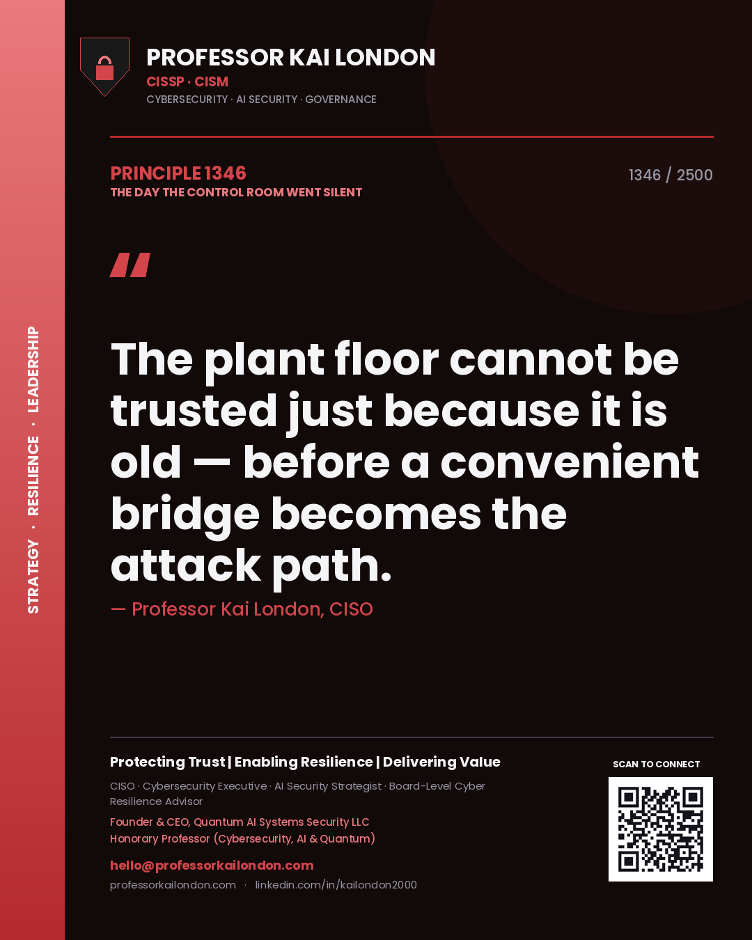 Quote card by Professor Kai London reading 'The plant floor cannot be trusted just because it is old — before a convenient bridge becomes the attack path.'. From the book The Day the Control Room Went Silent.