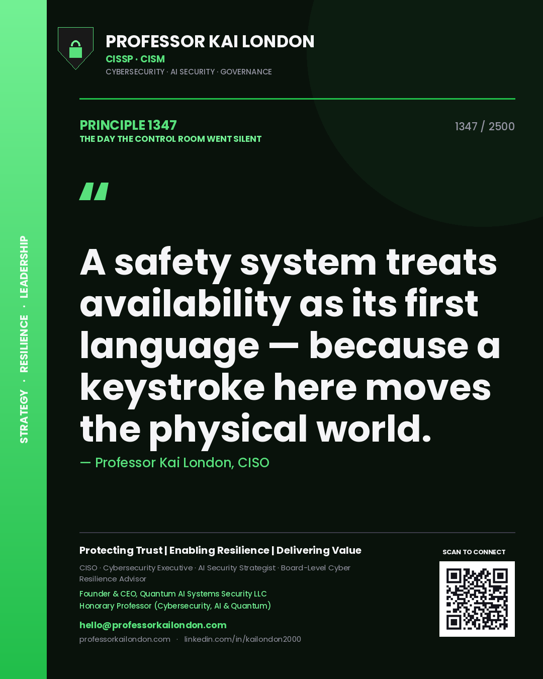 Quote card by Professor Kai London reading 'A safety system treats availability as its first language — because a keystroke here moves the physical world.'. From the book The Day the Control Room Went Silent.