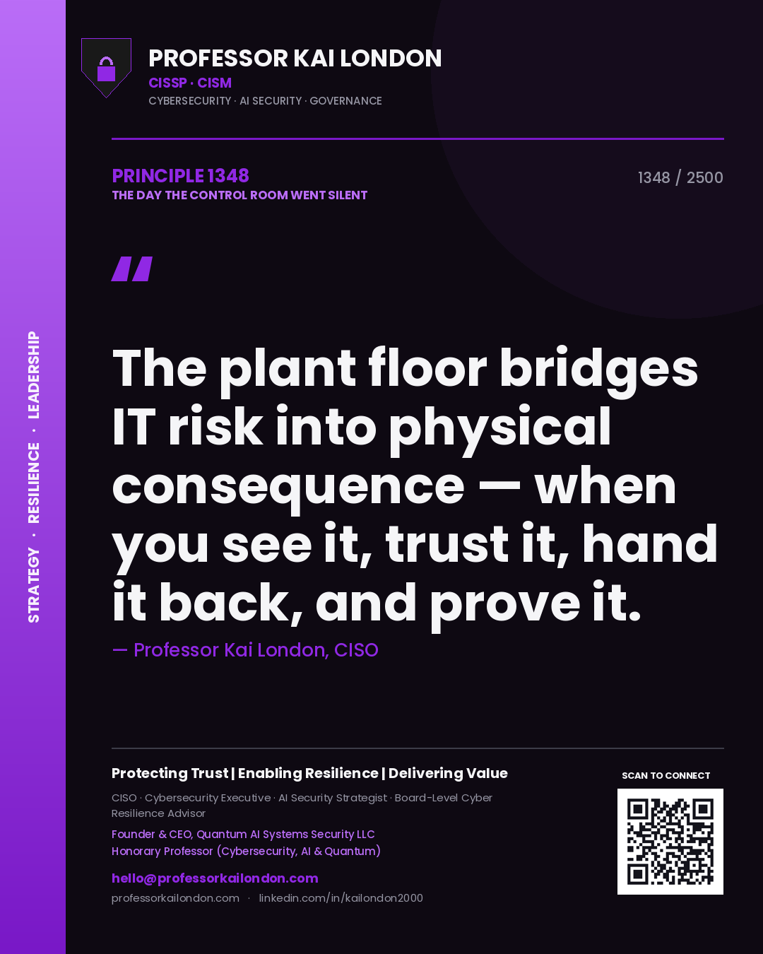 Quote card by Professor Kai London reading 'The plant floor bridges IT risk into physical consequence — when you see it, trust it, hand it back, and prove it.'. From the book The Day the Control Room Went Silent.