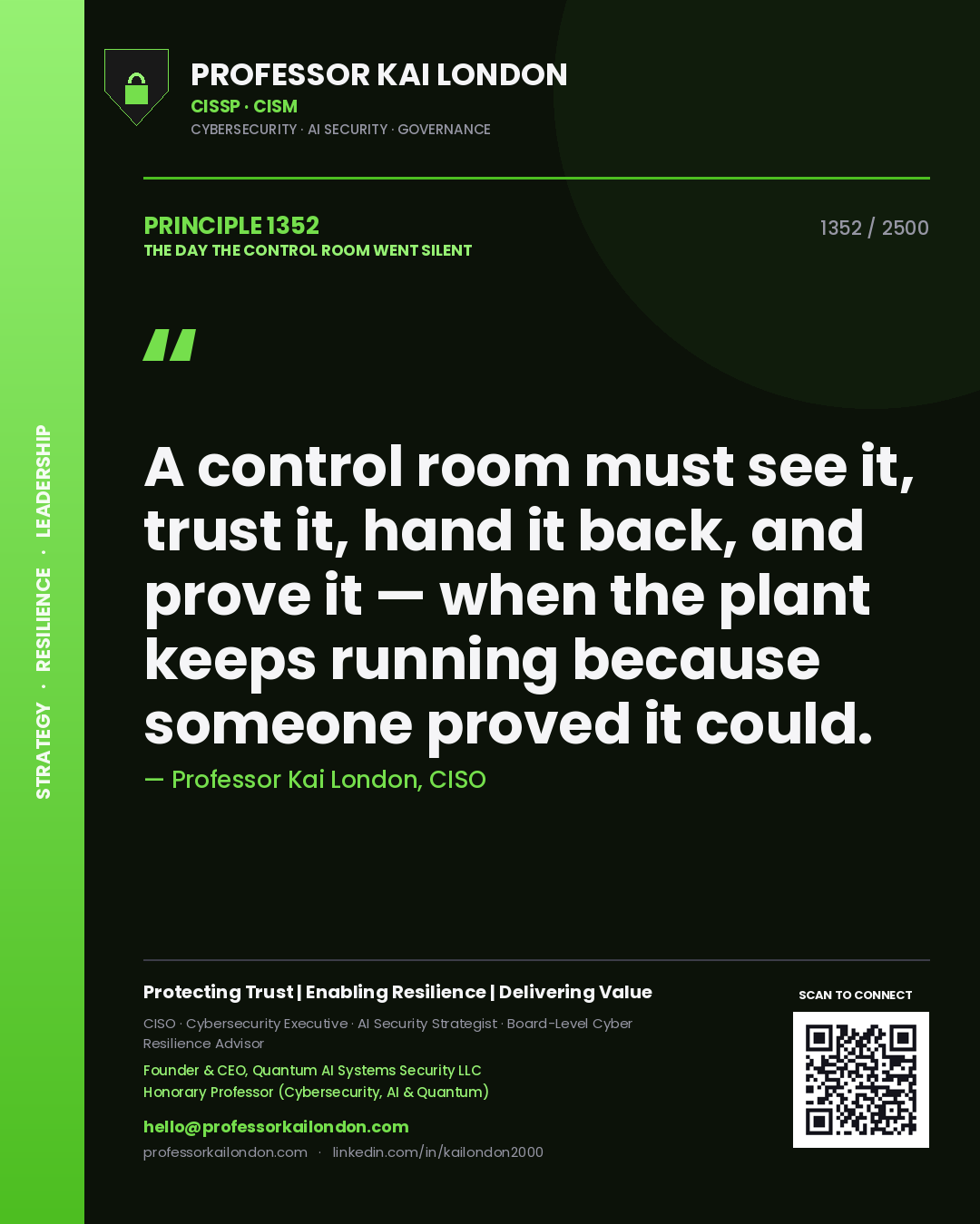 Professor Kai London principle 1352: A control room must see it, trust it, hand it back, and prove it — when the plant keeps running because someone proved it could.