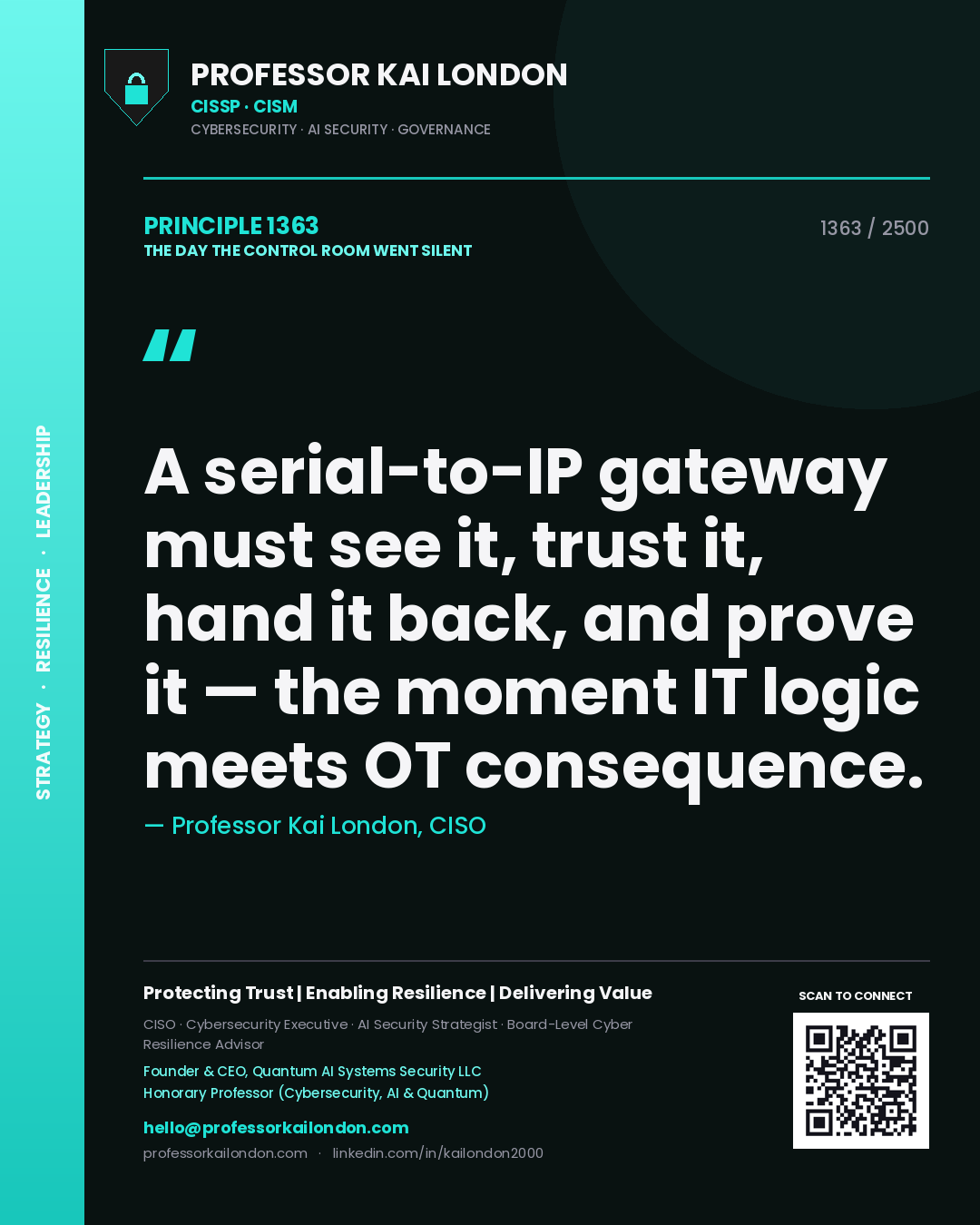 Professor Kai London principle 1363: A serial-to-IP gateway must see it, trust it, hand it back, and prove it — the moment IT logic meets OT consequence.