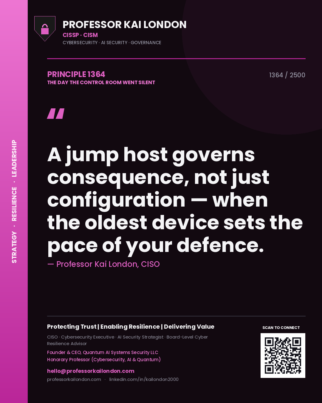 Professor Kai London principle 1364: A jump host governs consequence, not just configuration — when the oldest device sets the pace of your defence.