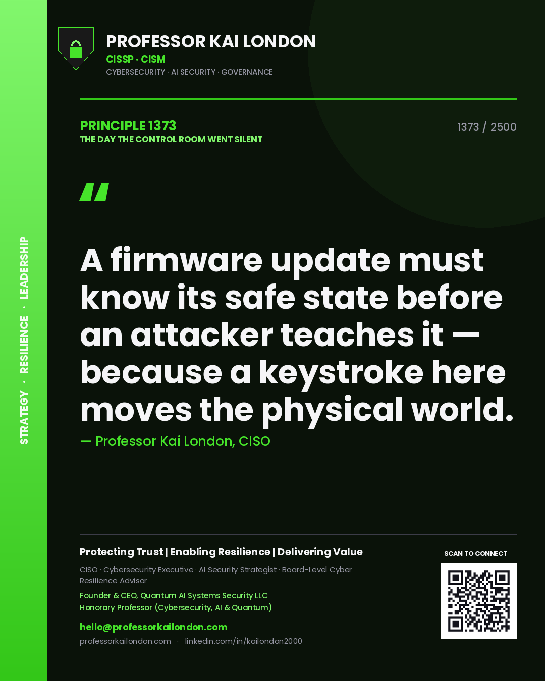 Quote card by Professor Kai London reading 'A firmware update must know its safe state before an attacker teaches it — because a keystroke here moves the physical world.'. From the book The Day the Control Room Went Silent.