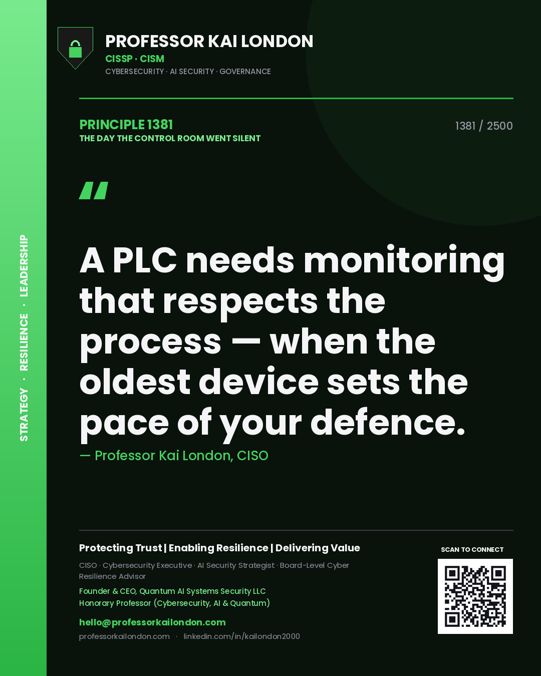 Professor Kai London principle 1381: A PLC needs monitoring that respects the process — when the oldest device sets the pace of your defence.