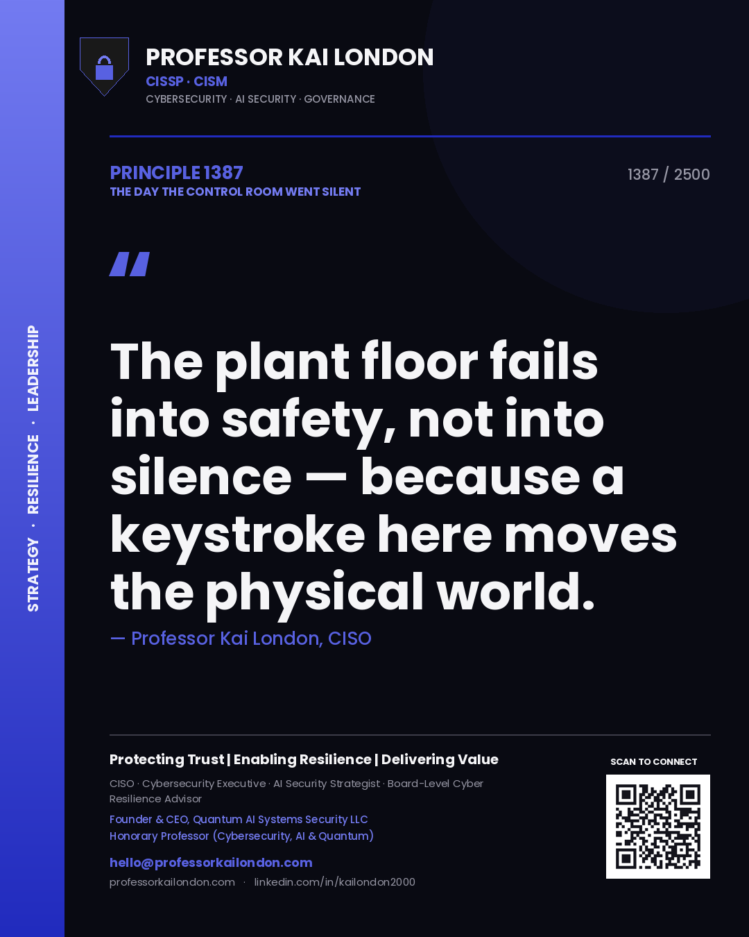 Professor Kai London principle 1387: The plant floor fails into safety, not into silence — because a keystroke here moves the physical world.
