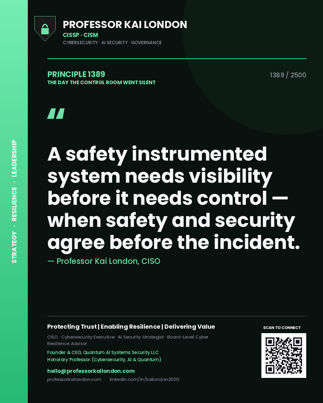 Professor Kai London principle 1389: A safety instrumented system needs visibility before it needs control — when safety and security agree before the incident.