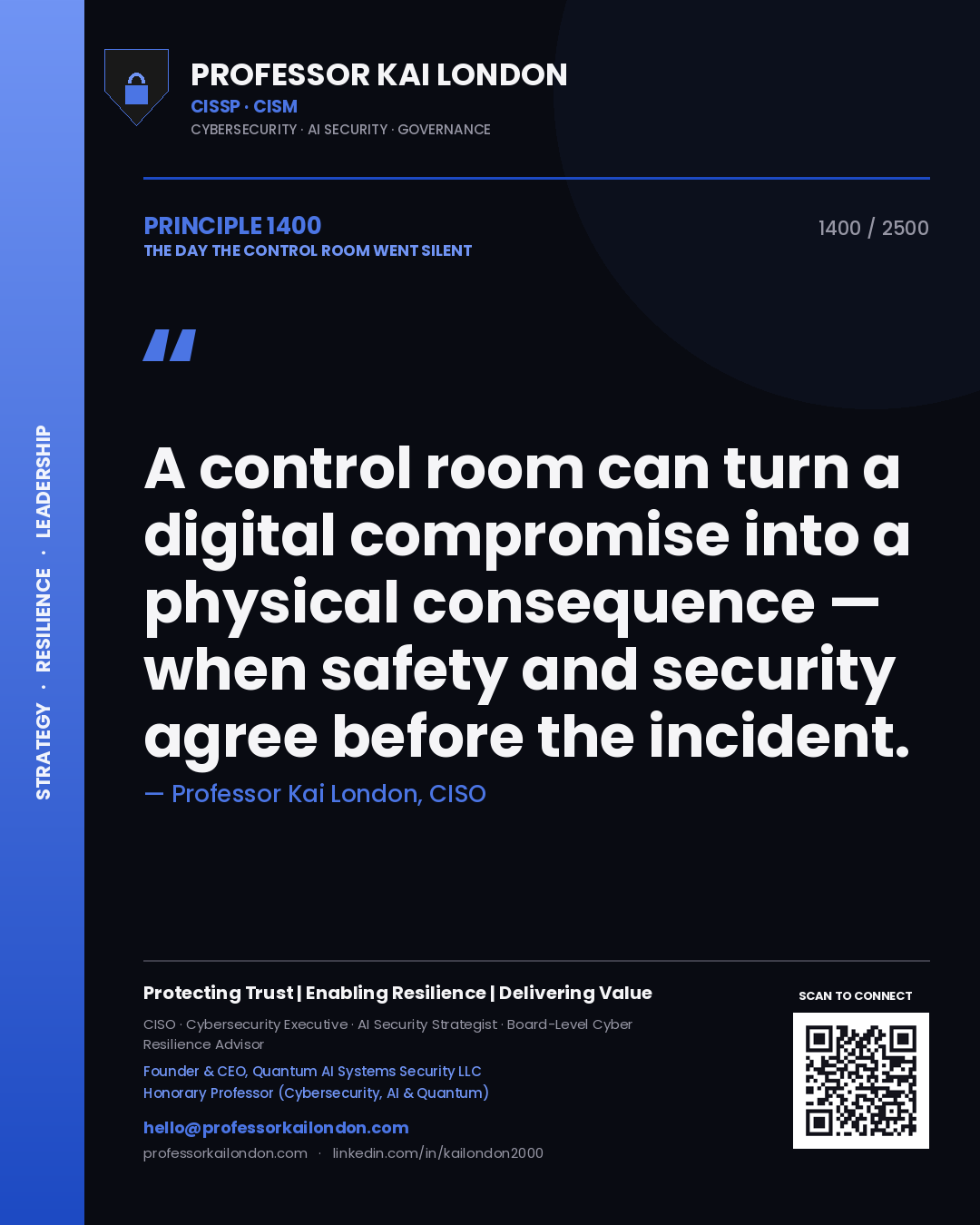 Professor Kai London principle 1400: A control room can turn a digital compromise into a physical consequence — when safety and security agree before the incident.