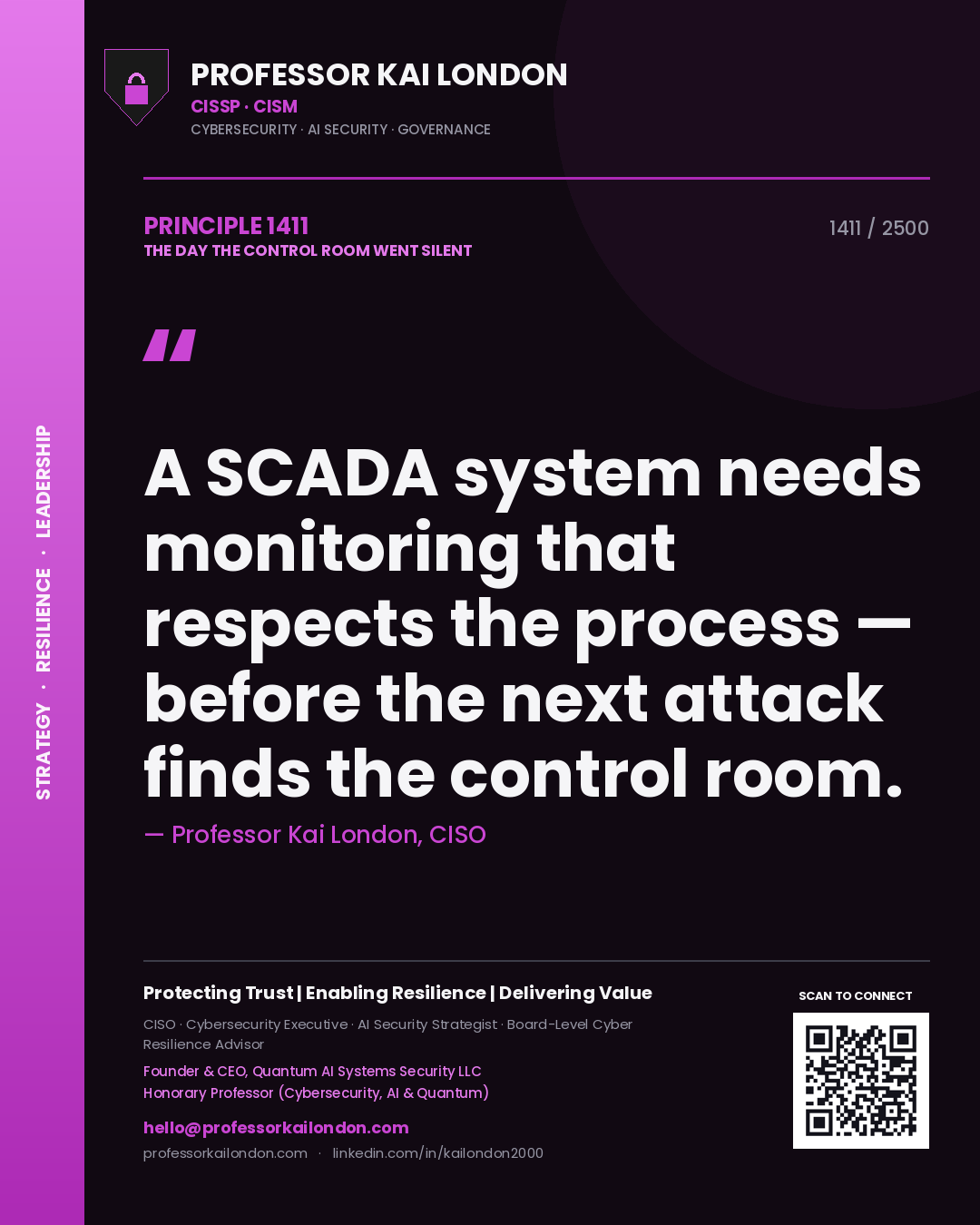 Quote card by Professor Kai London reading 'A SCADA system needs monitoring that respects the process — before the next attack finds the control room.'. From the book The Day the Control Room Went Silent.