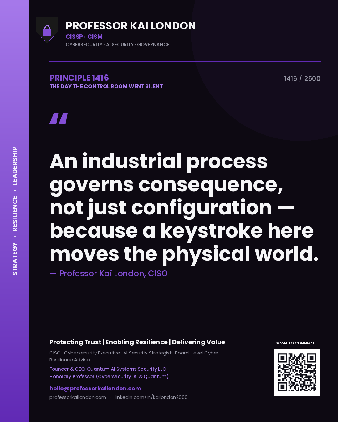 Quote card by Professor Kai London reading 'An industrial process governs consequence, not just configuration — because a keystroke here moves the physical world.'. From the book The Day the Control Room Went Silent.