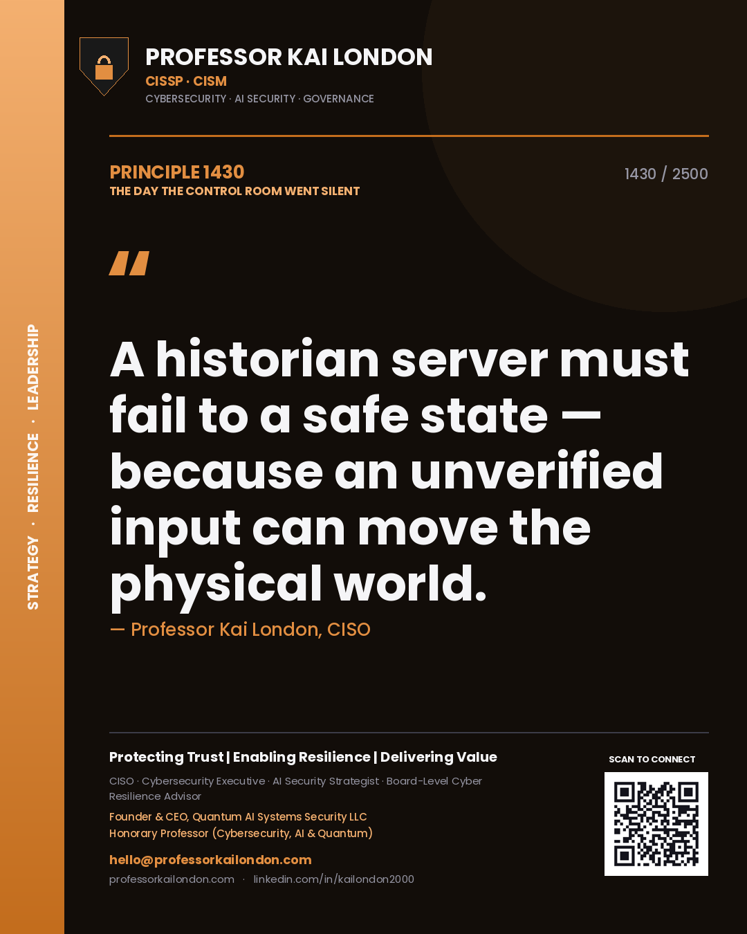 Professor Kai London principle 1430: A historian server must fail to a safe state — because an unverified input can move the physical world.