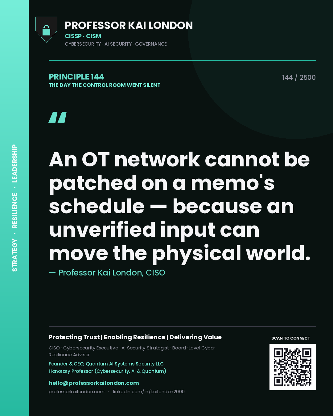 Quote card by Professor Kai London reading 'An OT network cannot be patched on a memo's schedule — because an unverified input can move the physical world.'. From the book The Day the Control Room Went Silent.