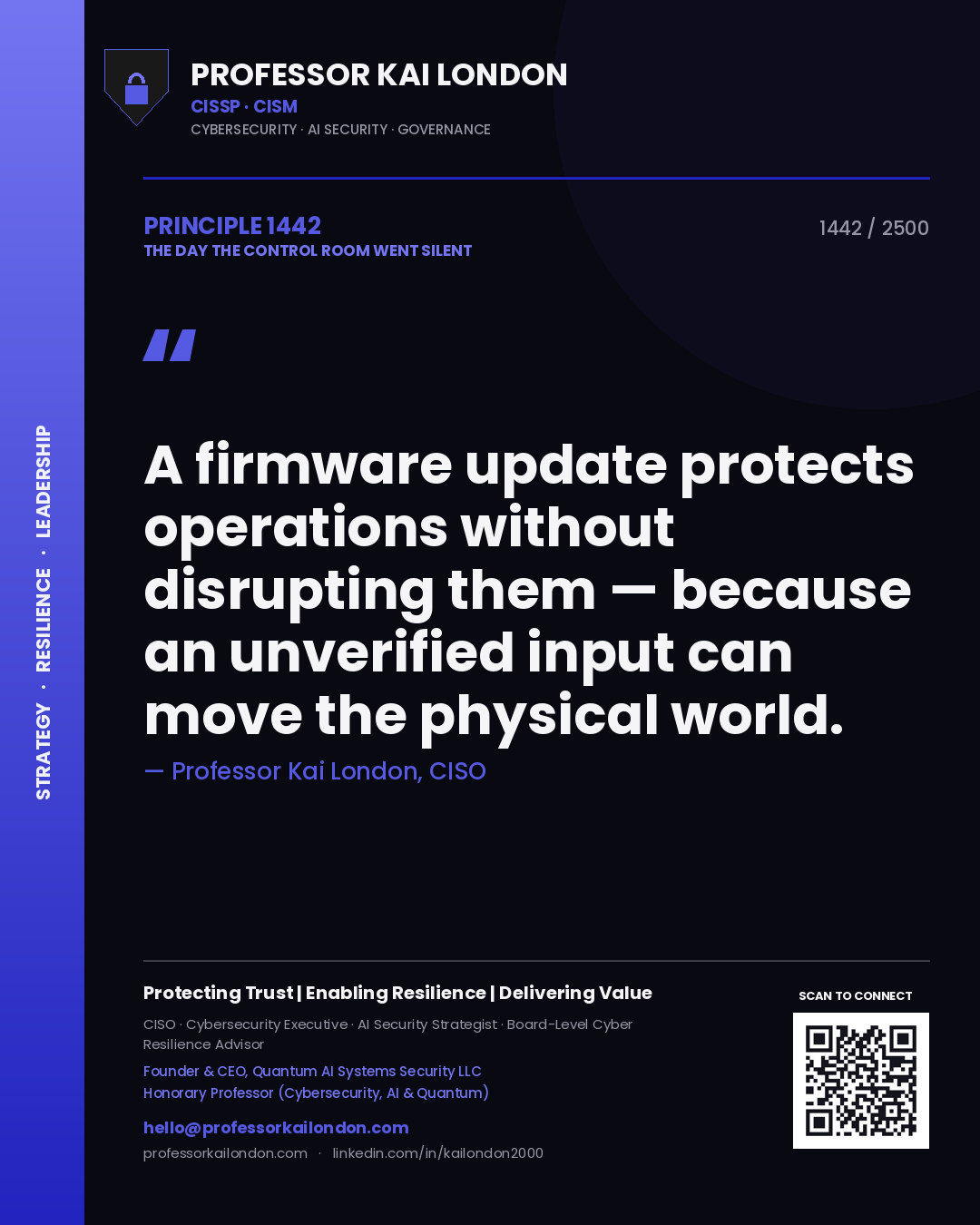 Quote card by Professor Kai London reading 'A firmware update protects operations without disrupting them — because an unverified input can move the physical world.'. From the book The Day the Control Room Went Silent.