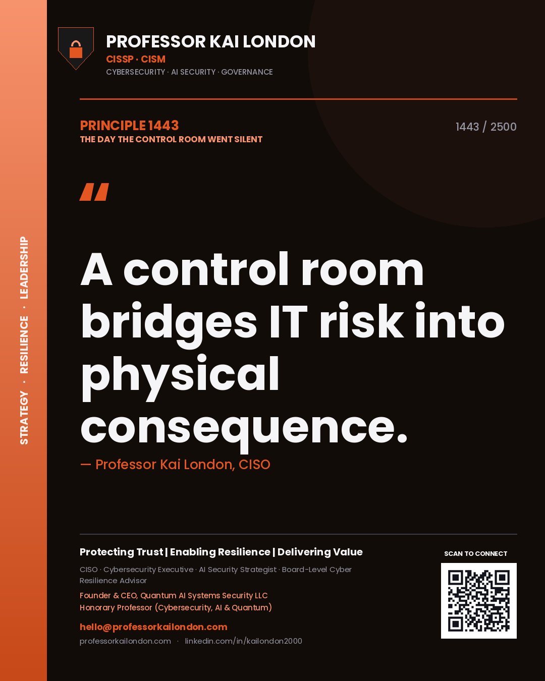Professor Kai London principle 1443: A control room bridges IT risk into physical consequence.