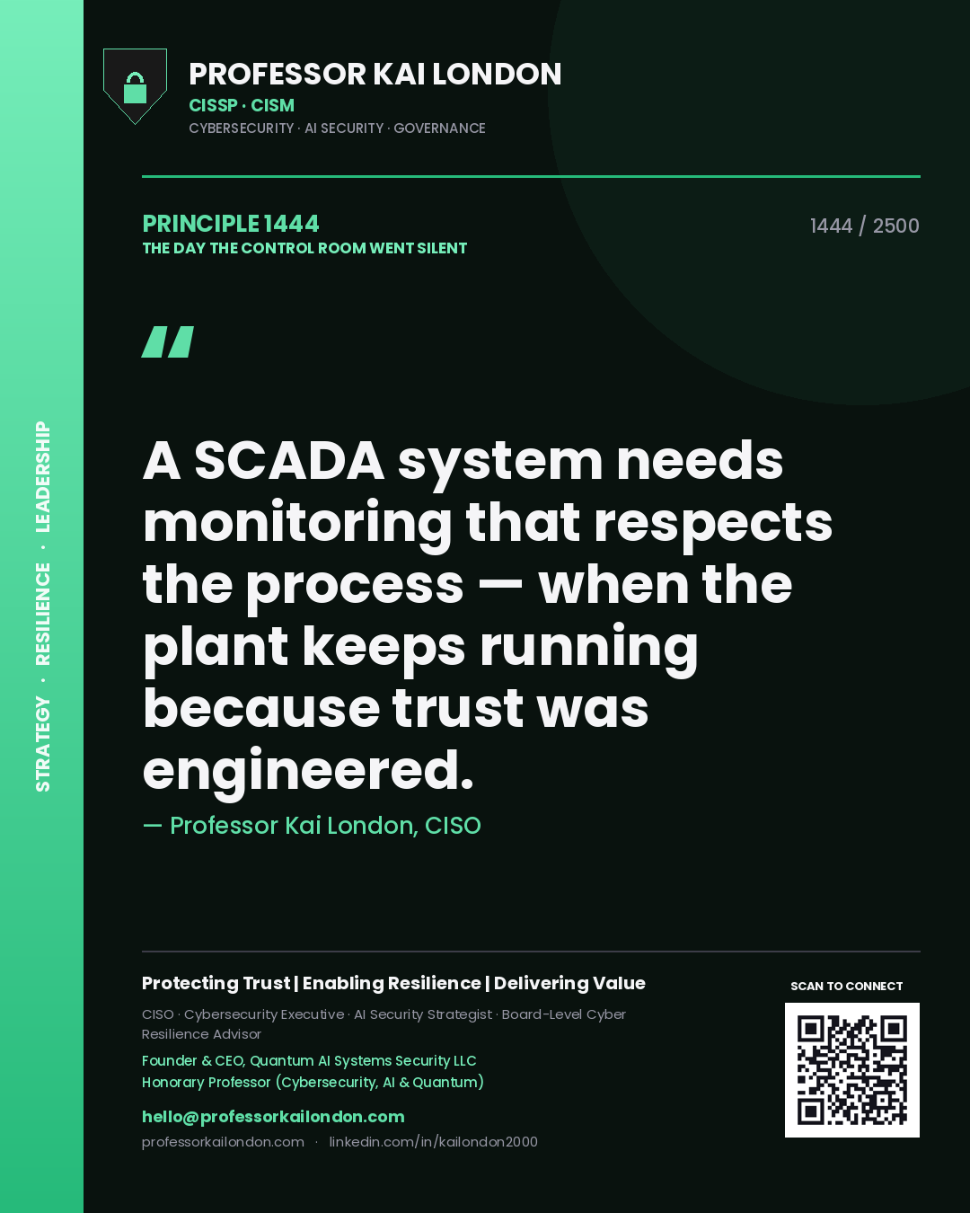 Professor Kai London principle 1444: A SCADA system needs monitoring that respects the process — when the plant keeps running because trust was engineered.