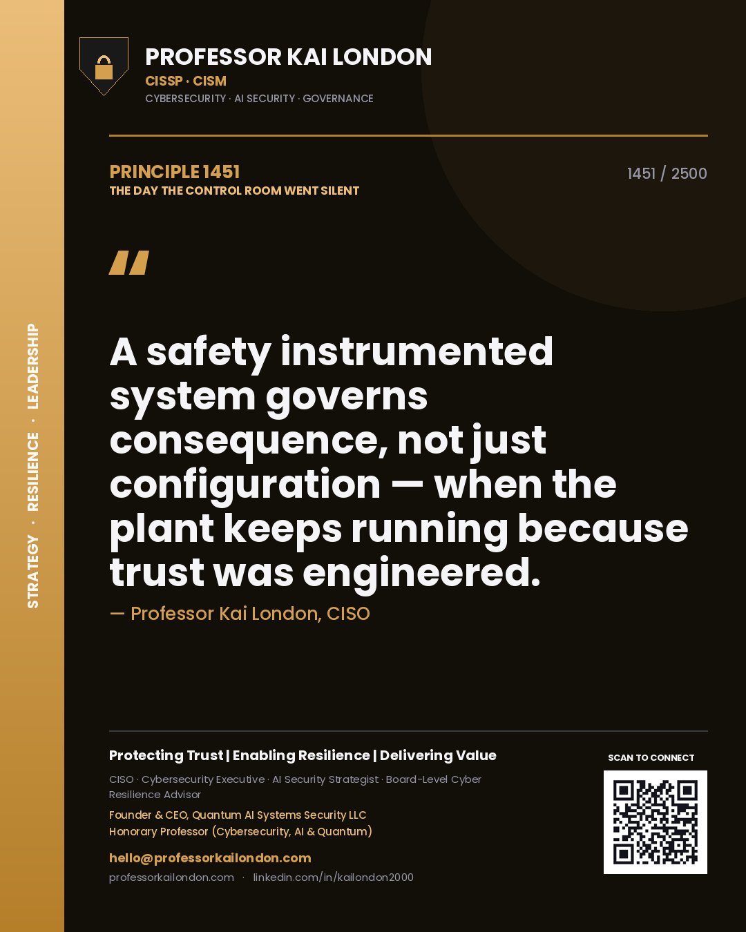 Professor Kai London principle 1451: A safety instrumented system governs consequence, not just configuration — when the plant keeps running because trust was engineered.
