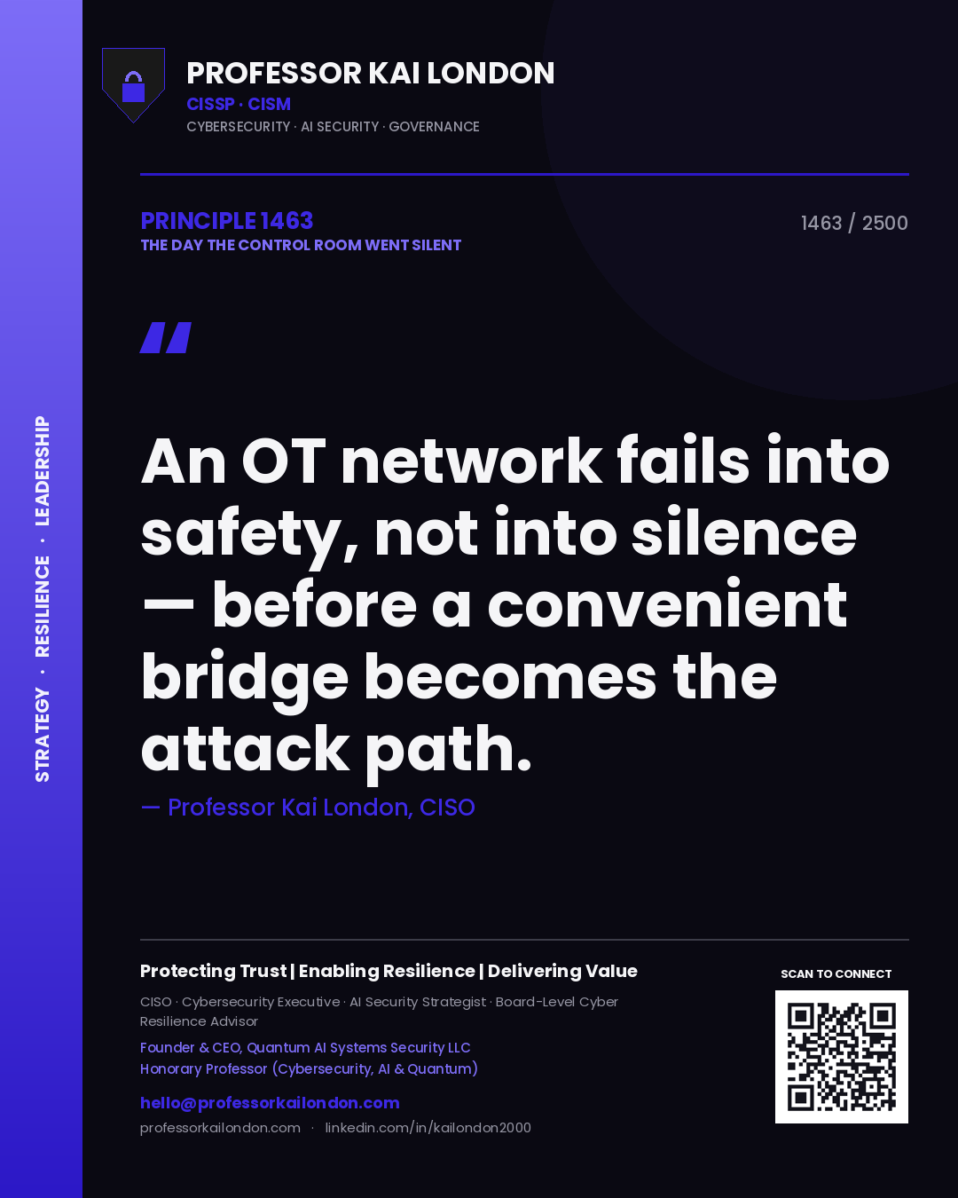 Quote card by Professor Kai London reading 'An OT network fails into safety, not into silence — before a convenient bridge becomes the attack path.'. From the book The Day the Control Room Went Silent.