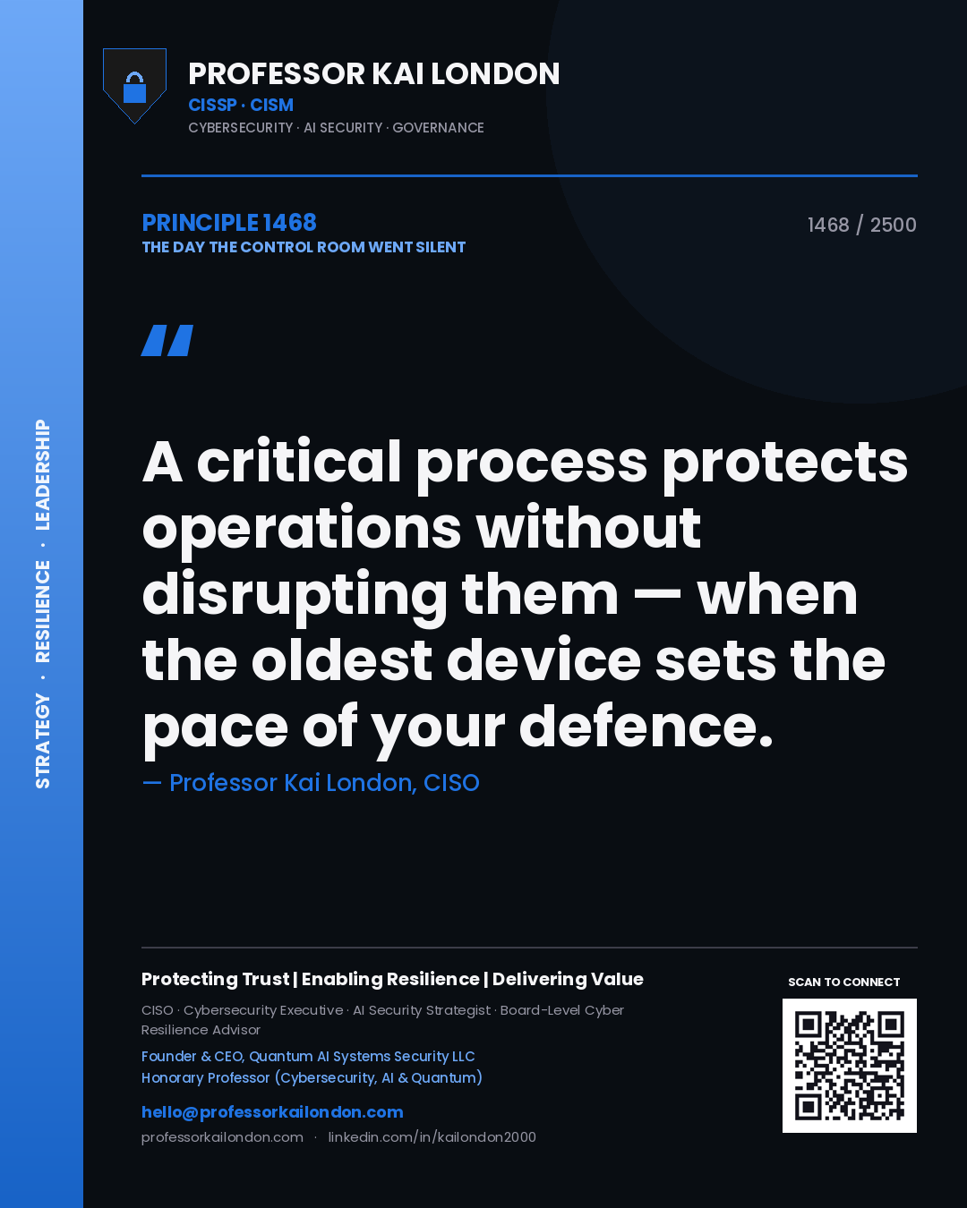 Professor Kai London principle 1468: A critical process protects operations without disrupting them — when the oldest device sets the pace of your defence.