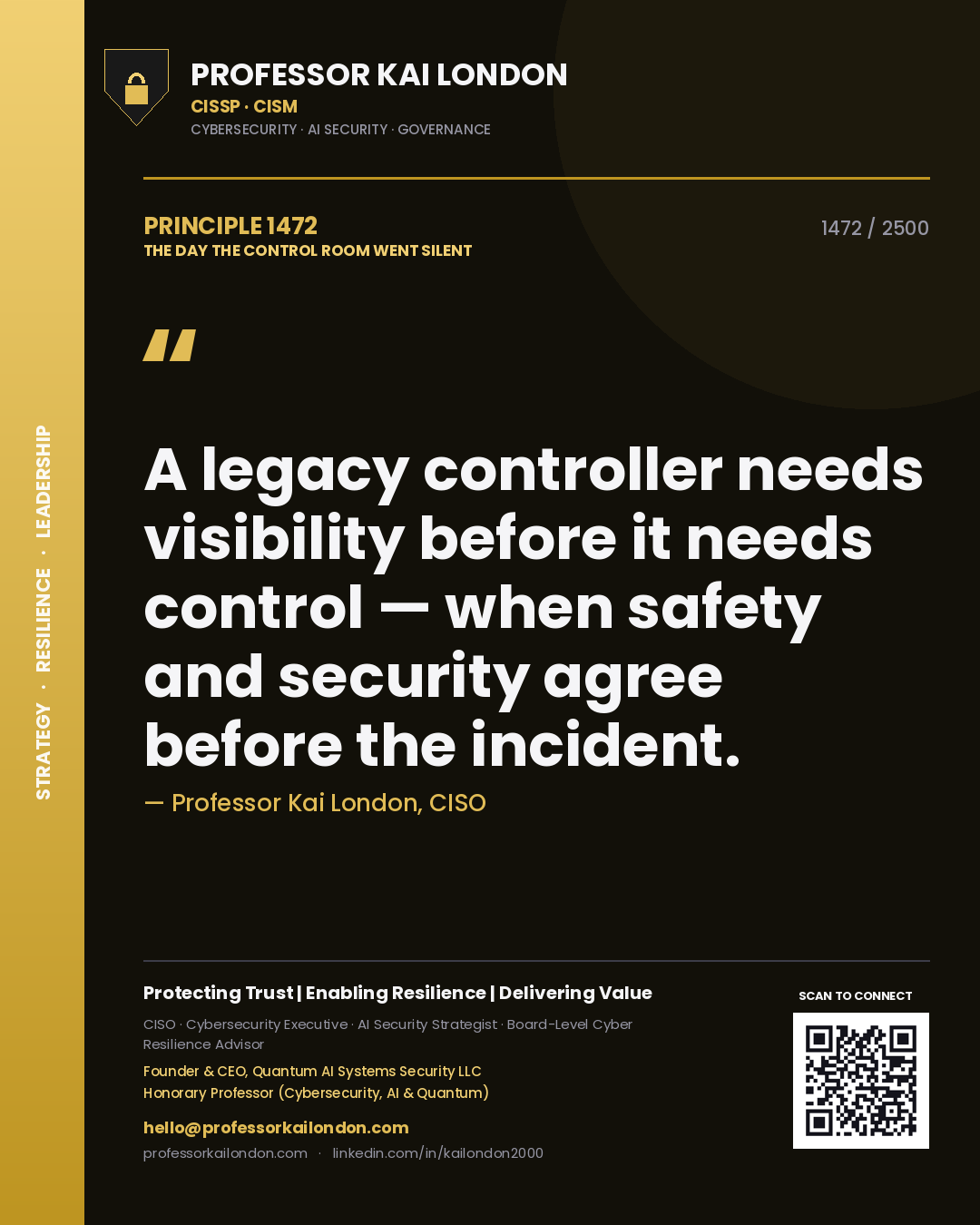 Quote card by Professor Kai London reading 'A legacy controller needs visibility before it needs control — when safety and security agree before the incident.'. From the book The Day the Control Room Went Silent.