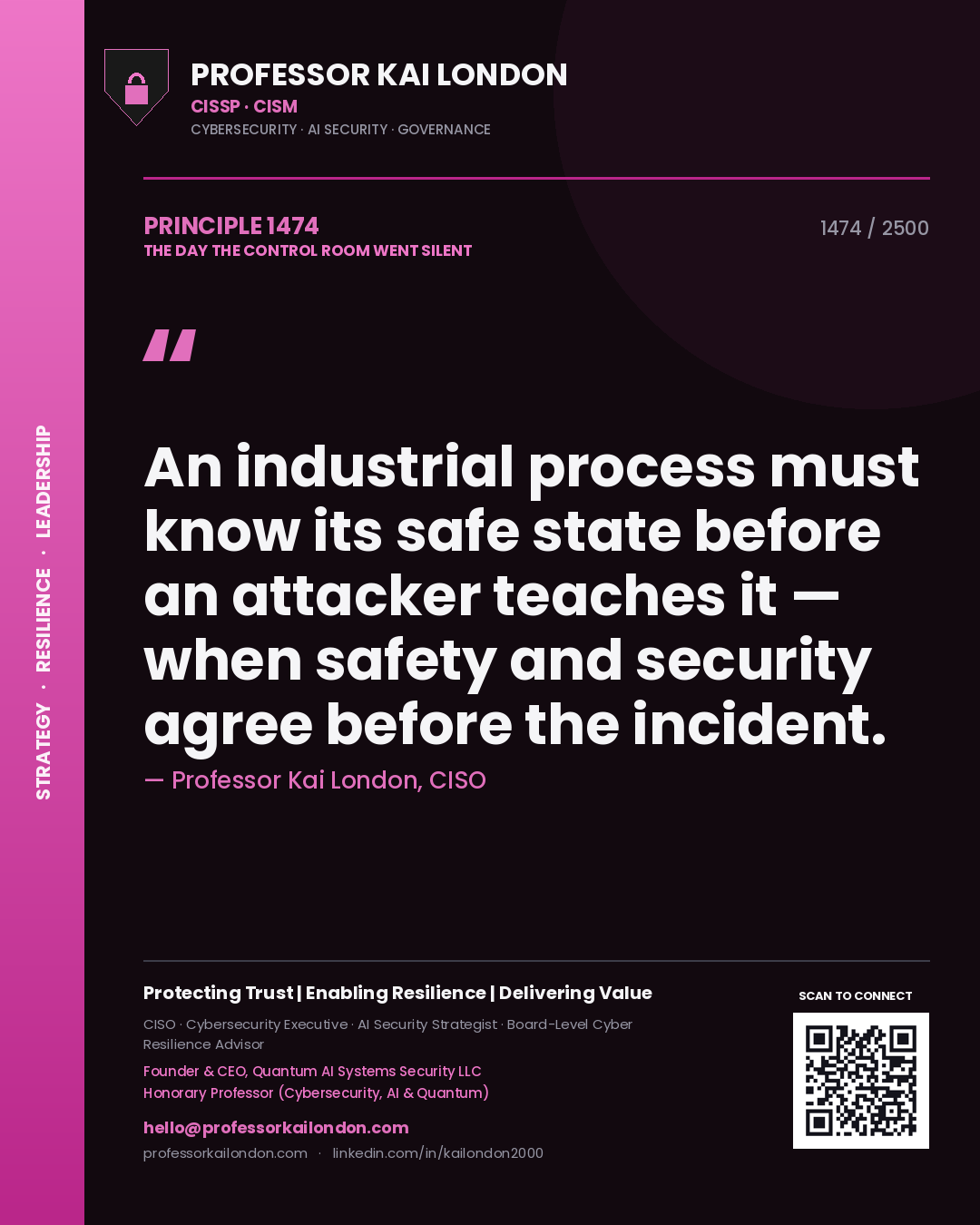 Professor Kai London principle 1474: An industrial process must know its safe state before an attacker teaches it — when safety and security agree before the incident.
