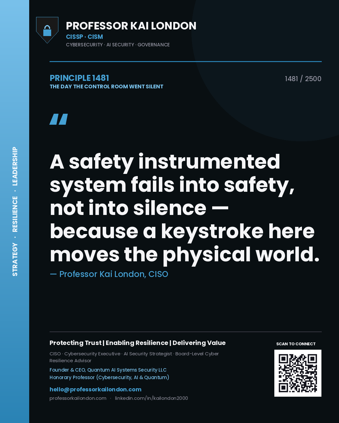 Quote card by Professor Kai London reading 'A safety instrumented system fails into safety, not into silence — because a keystroke here moves the physical world.'. From the book The Day the Control Room Went Silent.
