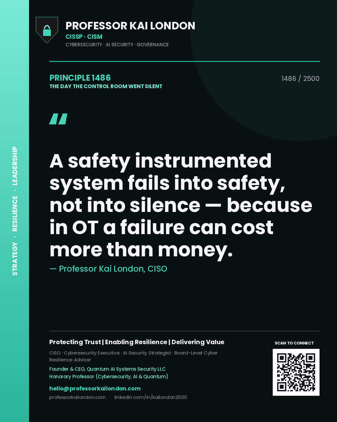 Quote card by Professor Kai London reading 'A safety instrumented system fails into safety, not into silence — because in OT a failure can cost more than money.'. From the book The Day the Control Room Went Silent.