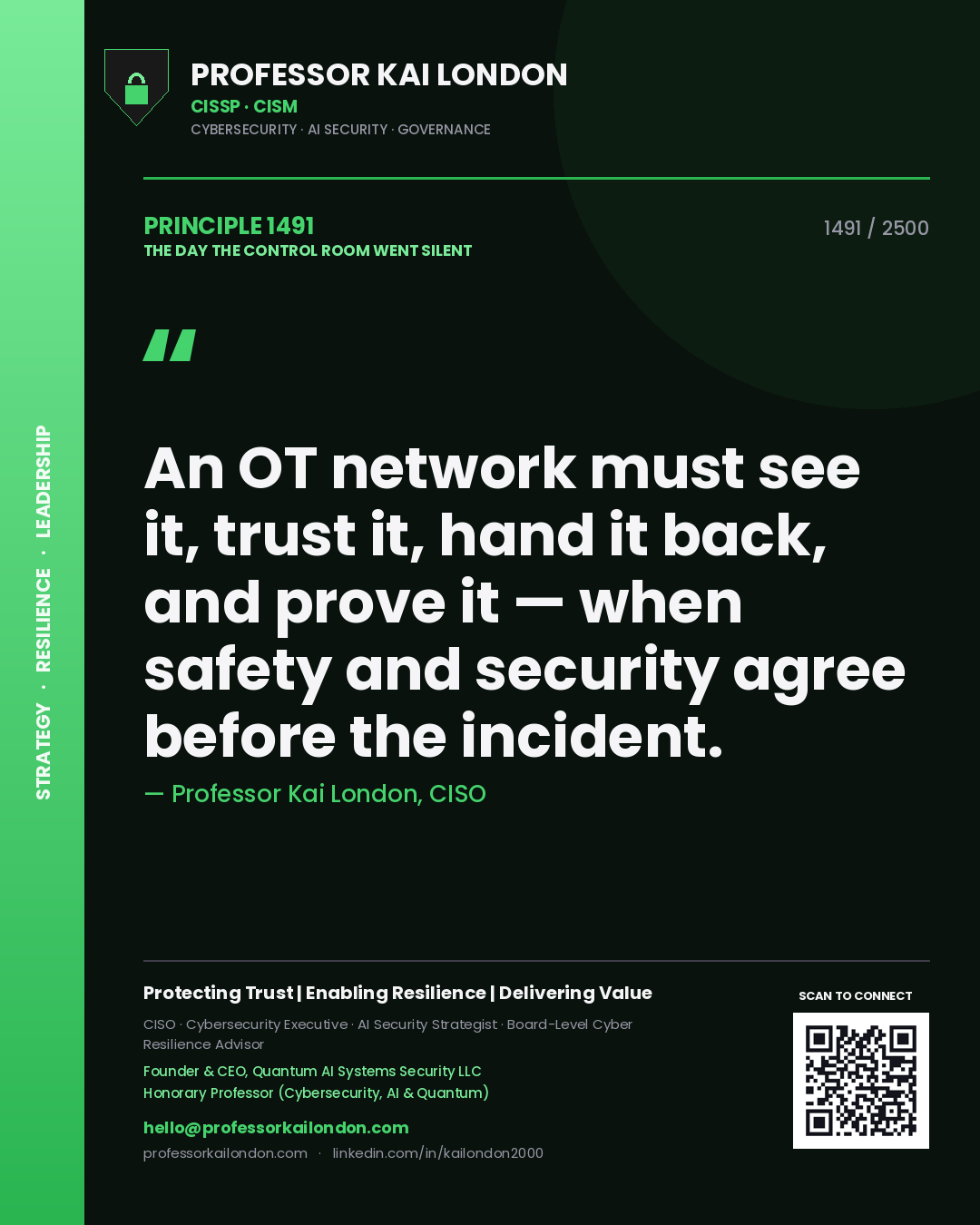 Quote card by Professor Kai London reading 'An OT network must see it, trust it, hand it back, and prove it — when safety and security agree before the incident.'. From the book The Day the Control Room Went Silent.