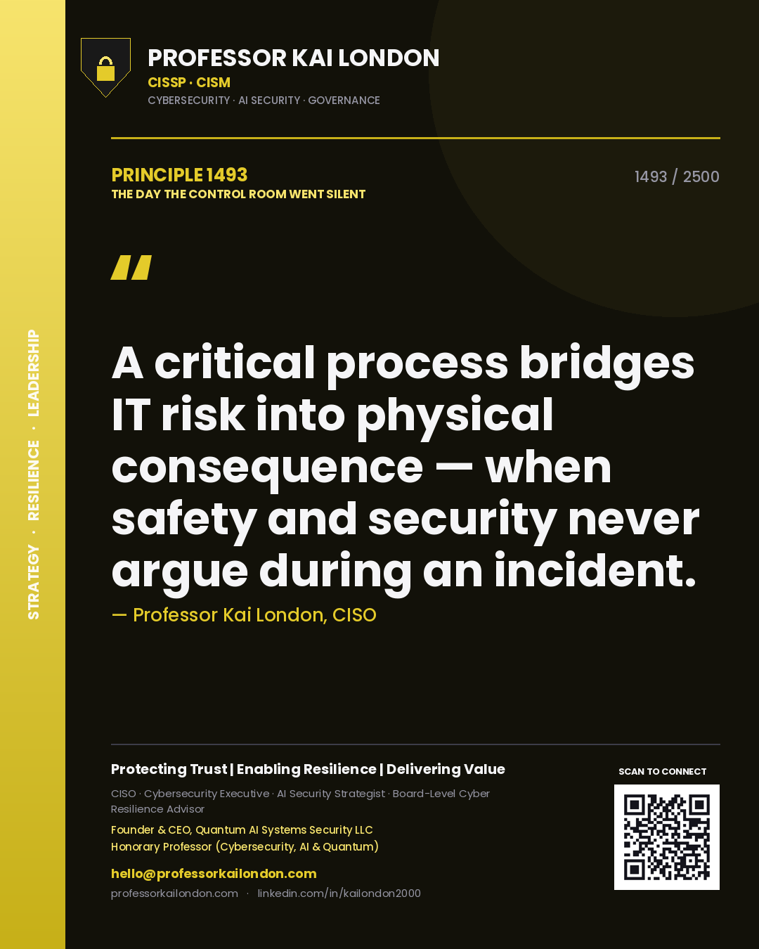 Professor Kai London principle 1493: A critical process bridges IT risk into physical consequence — when safety and security never argue during an incident.