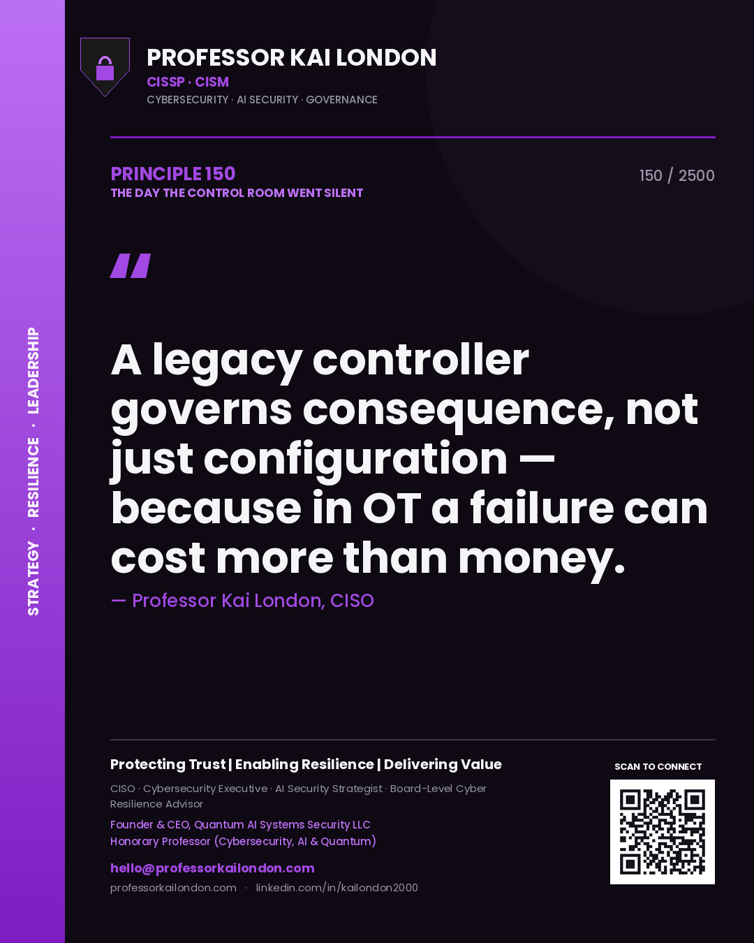 Quote card by Professor Kai London reading 'A legacy controller governs consequence, not just configuration — because in OT a failure can cost more than money.'. From the book The Day the Control Room Went Silent.