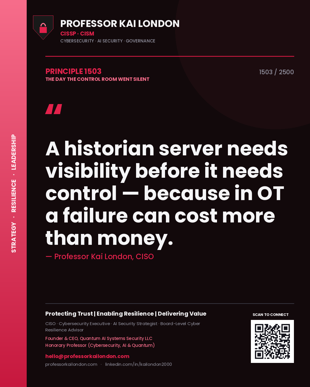Quote card by Professor Kai London reading 'A historian server needs visibility before it needs control — because in OT a failure can cost more than money.'. From the book The Day the Control Room Went Silent.