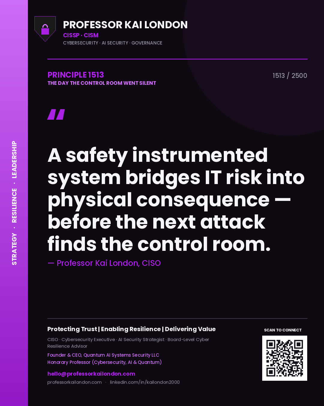 Quote card by Professor Kai London reading 'A safety instrumented system bridges IT risk into physical consequence — before the next attack finds the control room.'. From the book The Day the Control Room Went Silent.