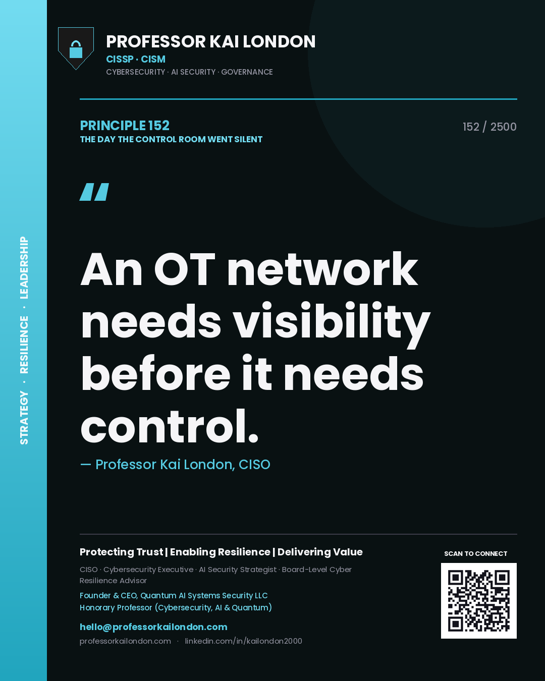Quote card by Professor Kai London reading 'An OT network needs visibility before it needs control.'. From the book The Day the Control Room Went Silent.