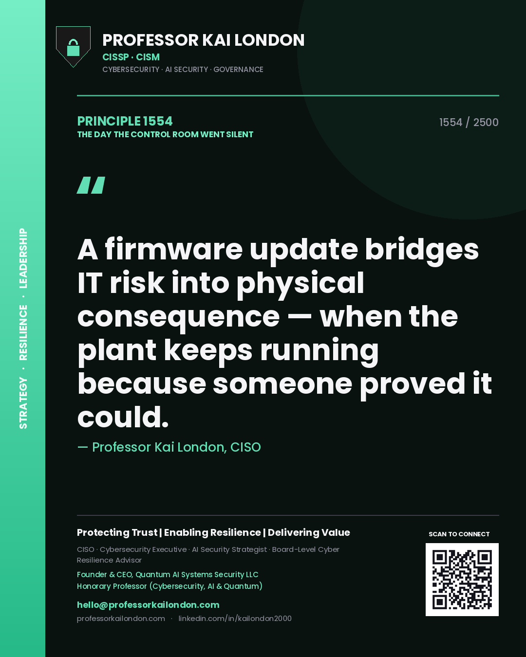 Quote card by Professor Kai London reading 'A firmware update bridges IT risk into physical consequence — when the plant keeps running because someone proved it could.'. From the book The Day the Control Room Went Silent.
