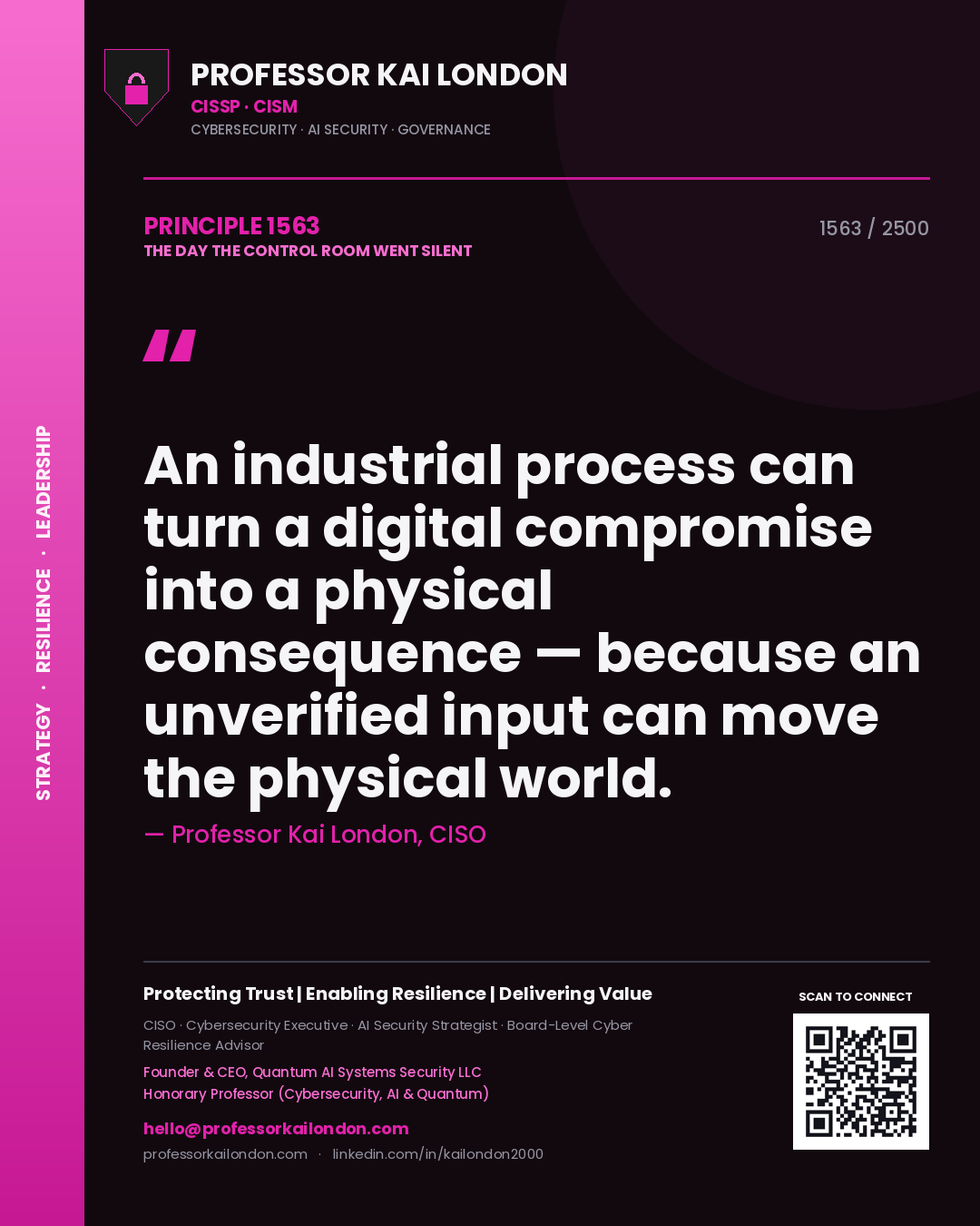 Quote card by Professor Kai London reading 'An industrial process can turn a digital compromise into a physical consequence — because an unverified input can move the physical world.'. From the book The Day the Control Room Went Silent.