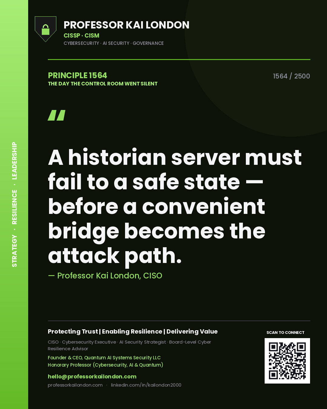 Quote card by Professor Kai London reading 'A historian server must fail to a safe state — before a convenient bridge becomes the attack path.'. From the book The Day the Control Room Went Silent.