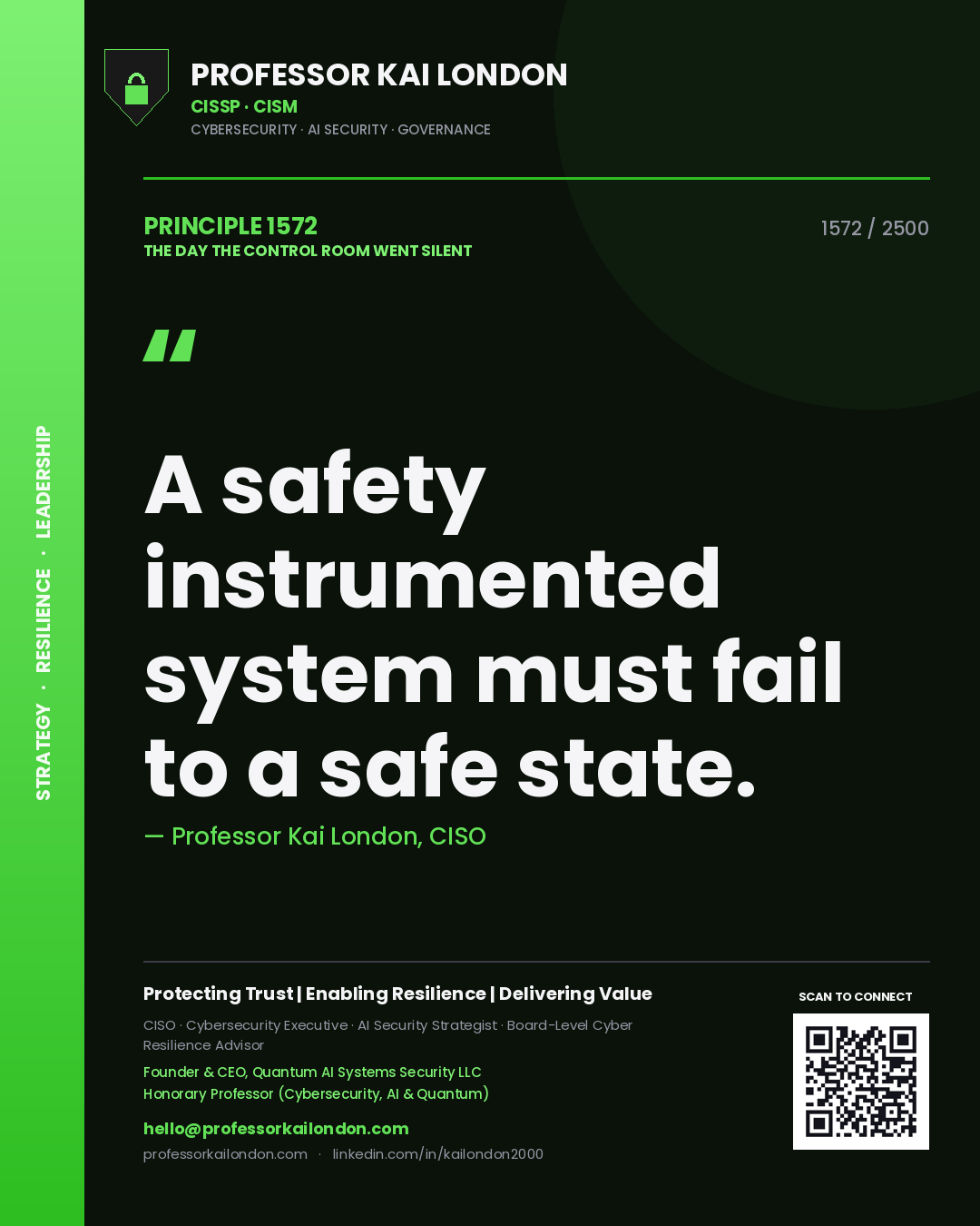 Quote card by Professor Kai London reading 'A safety instrumented system must fail to a safe state.'. From the book The Day the Control Room Went Silent.